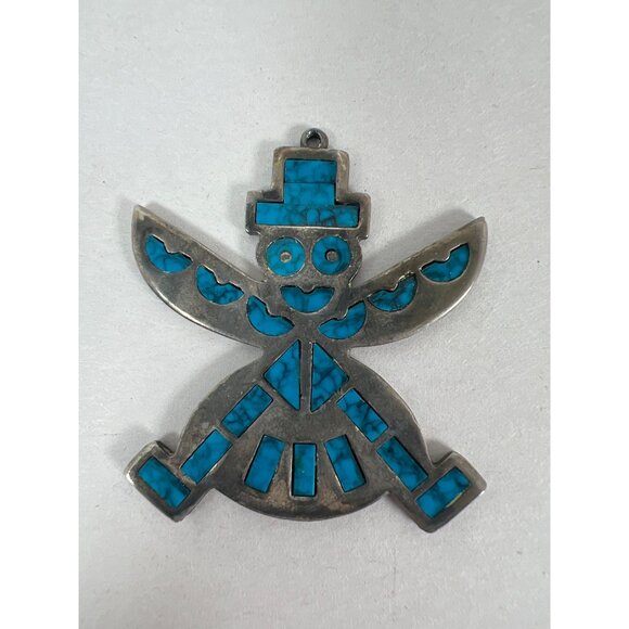 VTG Roma Knifewing Dancer Kachina Zuni Faux Turquoise Inlay Pendant Silver Plate - Picture 3 of 6
